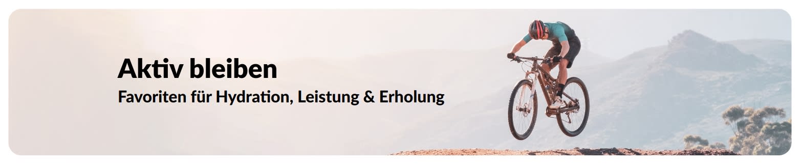 iHerb-Banner, das für einen aktiven Lebensstil wirbt, mit Schwerpunkt auf Flüssigkeitszufuhr, Leistung und Regeneration