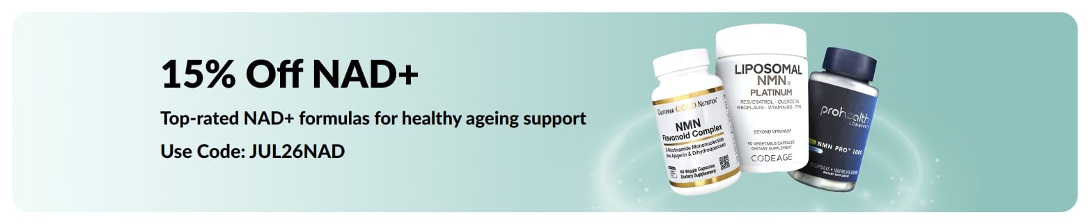 Banner promoting 15% off NAD+ supplements