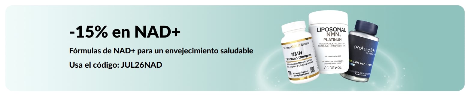 Banner que promociona un 15% de descuento en suplementos de NAD+