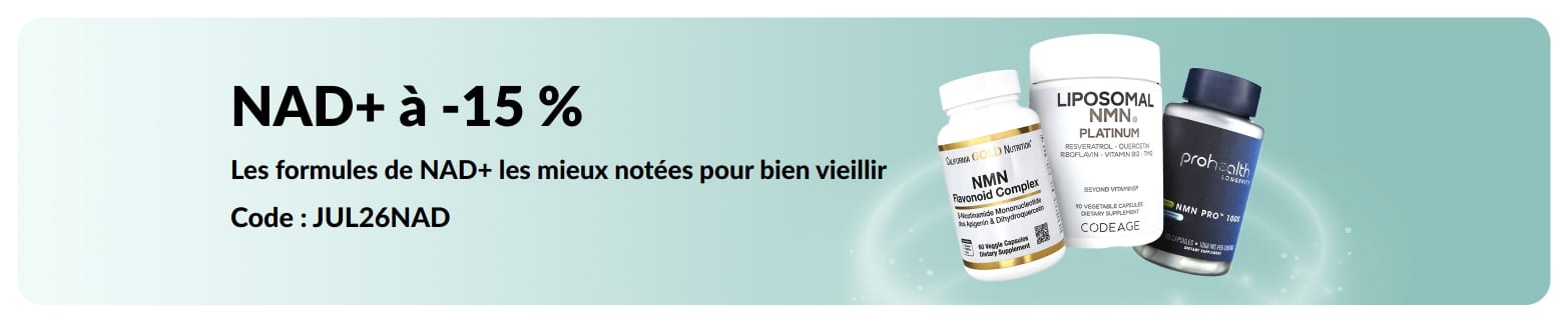 Bannière promotionnelle offrant 15 % de réduction sur les compléments au NAD+