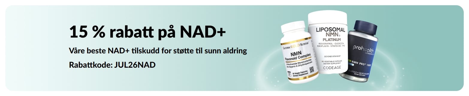 Banner som promoterer 15 % rabatt på NAD+ tilskudd