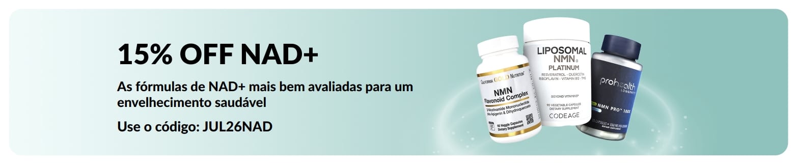 Banner promovendo 15% OFF em suplementos de NAD+