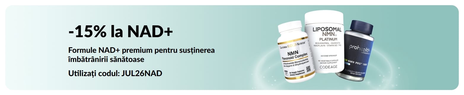 Banner ce promovează 15% reducere la suplimentele cu NAD+.