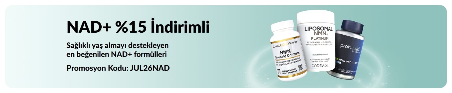 NAD+ takviyelerinde %15 indirimi tanıtan banner.