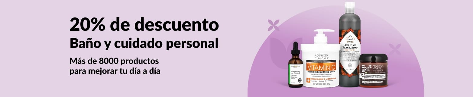 Banner de iHerb que ofrece 20% de descuento en productos de baño y cuidado personal.