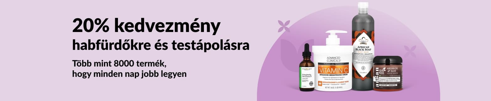 iHerb banner, amely 20% kedvezményt kínál fürdő- és testápolási termékekre.
