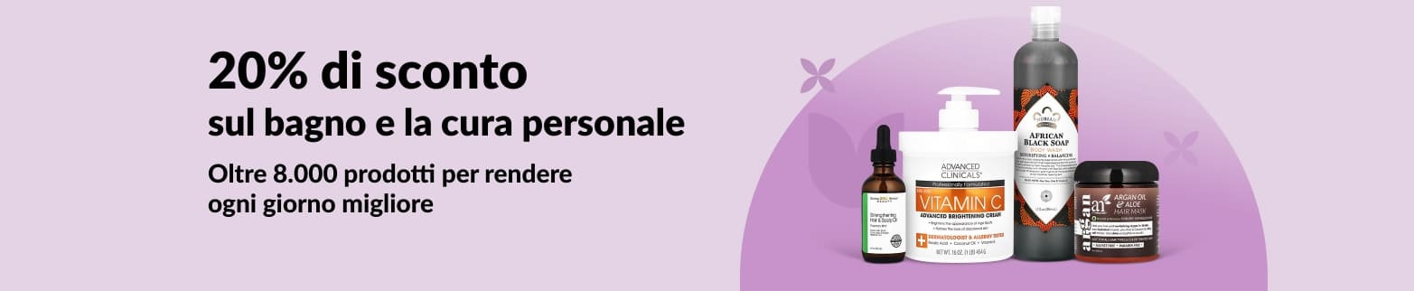 Banner iHerb che offre uno sconto del 20% sui prodotti per il bagno e la cura personale.