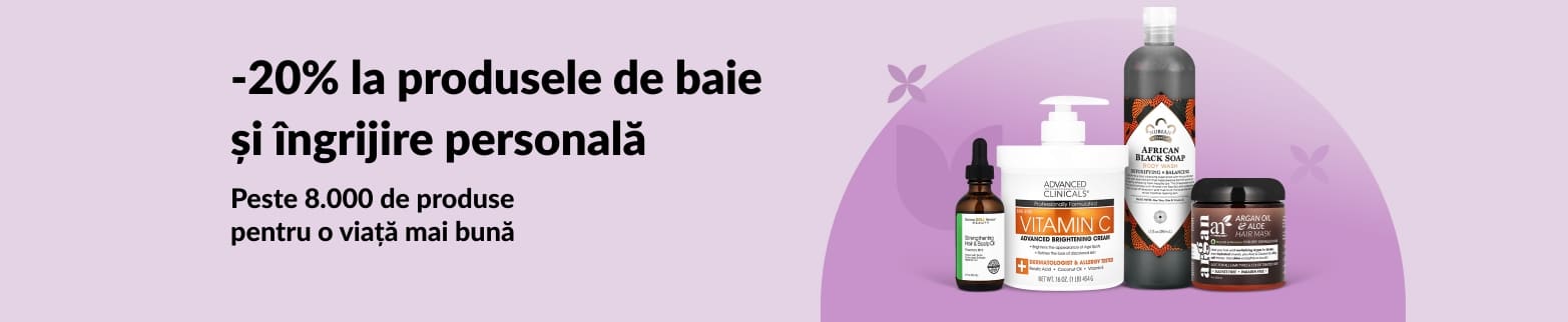 Banner iHerb cu 20% reducere la produse de baie și îngrijire personală.