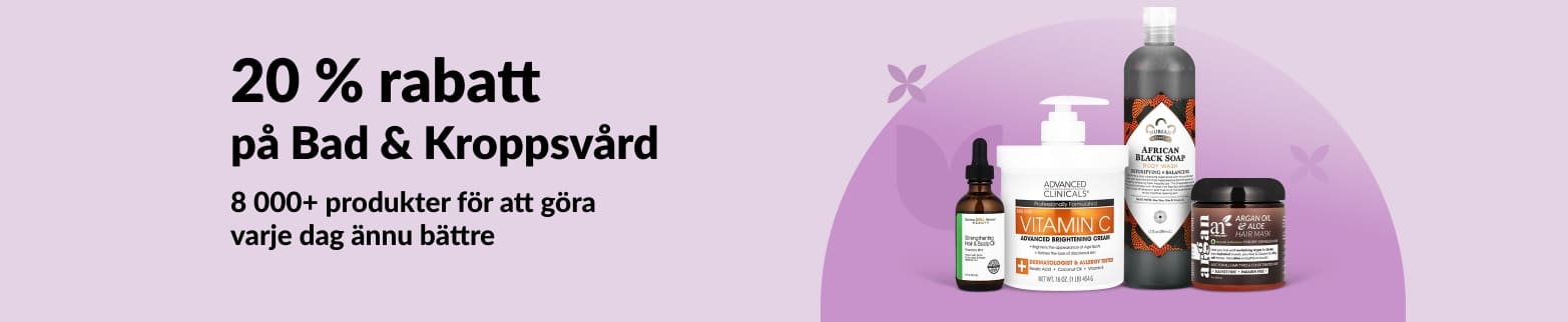iHerb-banner som erbjuder 20 % rabatt på produkter för Bad & Kroppsvård.