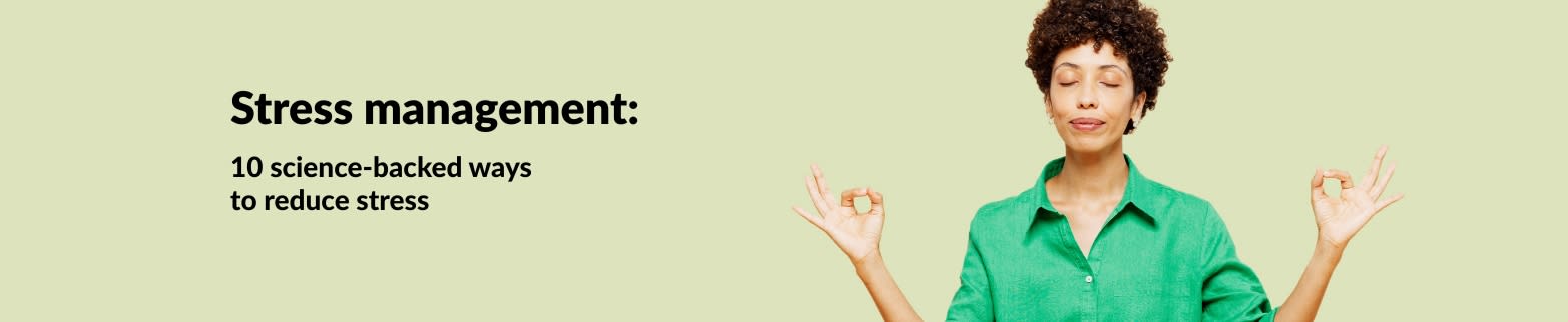 Woman meditating with text promoting science-backed ways to reduce stress on a pastel green background