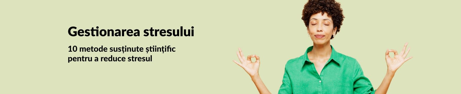 Femeie meditând, cu text ce promovează metode științifice de reducere a stresului pe fundal verde pastel.