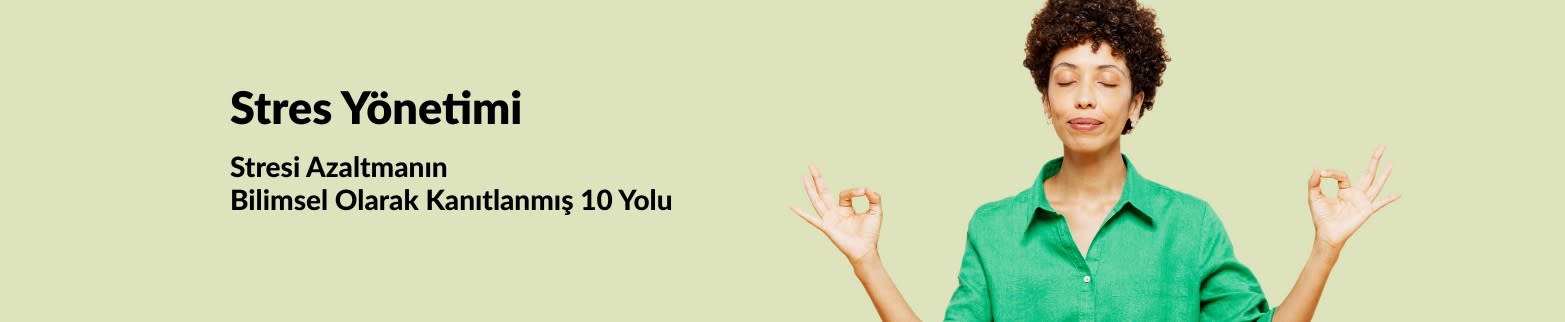 Woman meditating with text promoting science-backed ways to reduce stress on a pastel green background