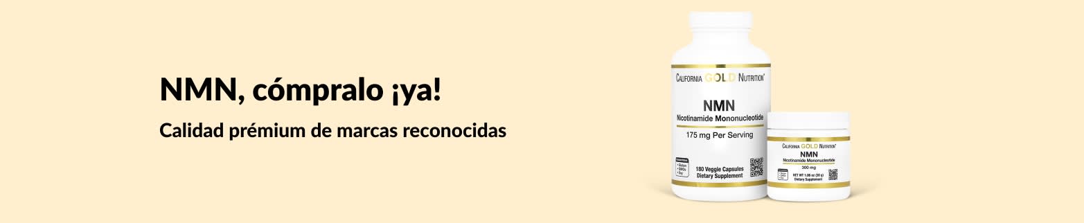 Banner de iHerb invitando a comprar suplementos NMN de calidad prémium de marcas reconocidas.