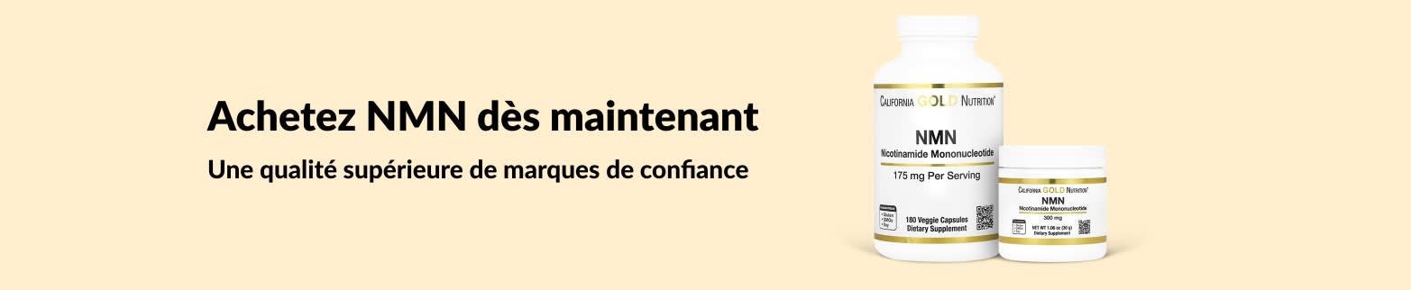 Bannière iHerb mentionnant la possibilité d'acheter des compléments alimentaires NMN de qualité supérieure provenant de marques de confiance.