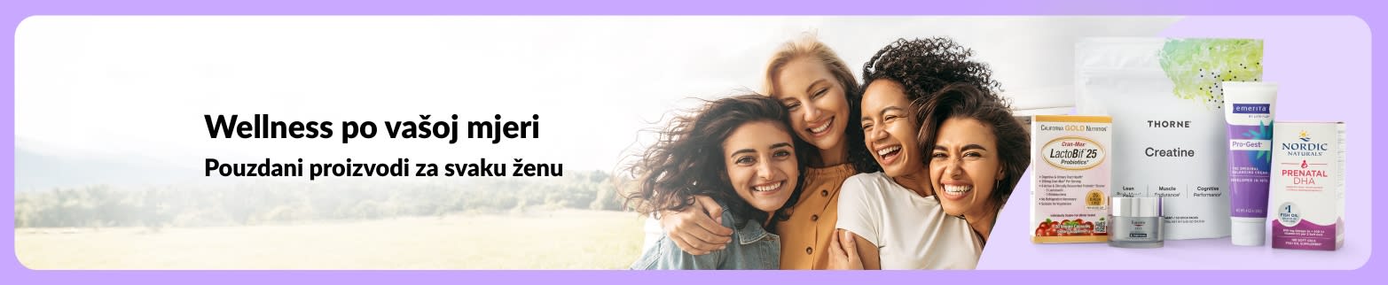 Reklamni natpis s tekstom „Wellness koji vas razumije” uz nasmiješene, raznolike žene i dodatke prehrani za žensko zdravlje.