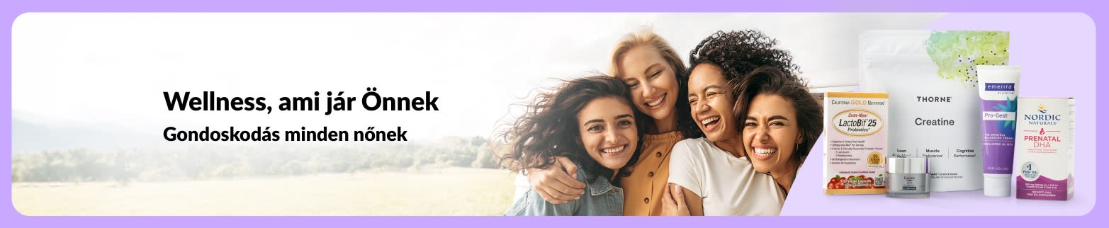 Banner „Wellness, ami jár Önnek” felirattal, mosolygó, különböző típusú nőkkel és női wellness étrend-kiegészítőkkel.