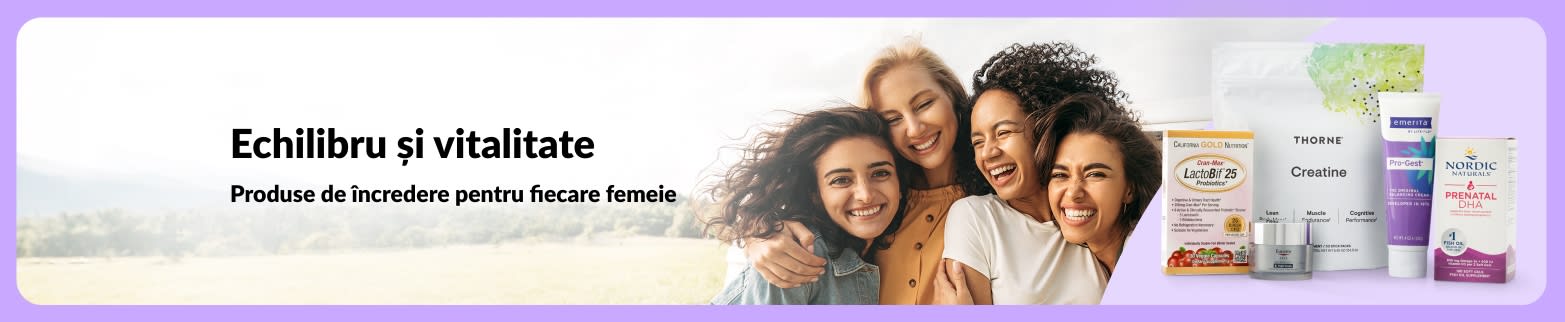 Banner cu mesajul „Echilibru și vitalitate” cu femei zâmbitoare și suplimente pentru bunăstarea femeilor.