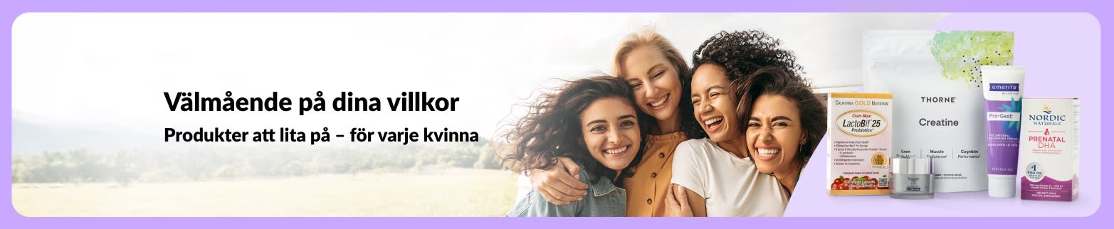 Banner med texten ”Välmående på dina villkor” med leende kvinnor av olika bakgrund och kosttillskott för kvinnors välmående.