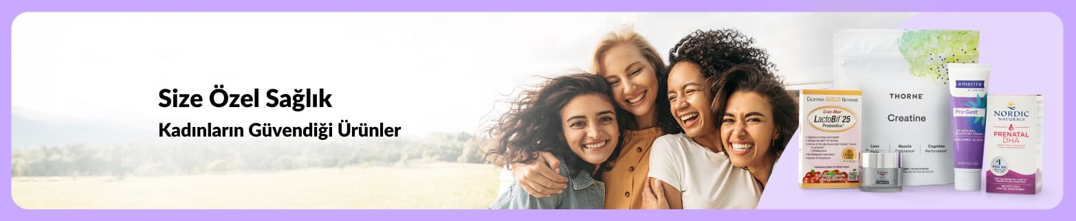 “Size Özel Sağlık” yazılı banner; gülümseyen farklı kadınlar ve kadın sağlığına yönelik takviyeler yer alıyor.