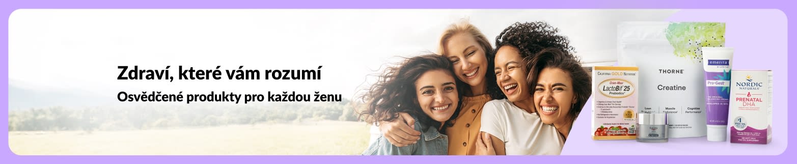 Banner s nápisem „Zdraví, které vám rozumí“ s usmívajícími se rozmanitými ženami a doplňky stravy pro zdraví žen.