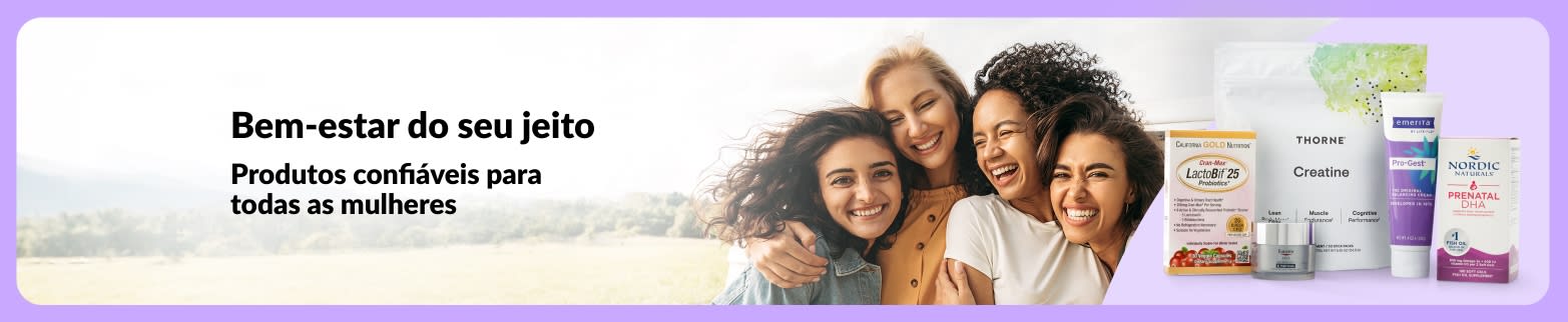 Banner com a mensagem “Bem-estar do seu jeito”, com mulheres sorrindo e suplementos de bem-estar feminino.
