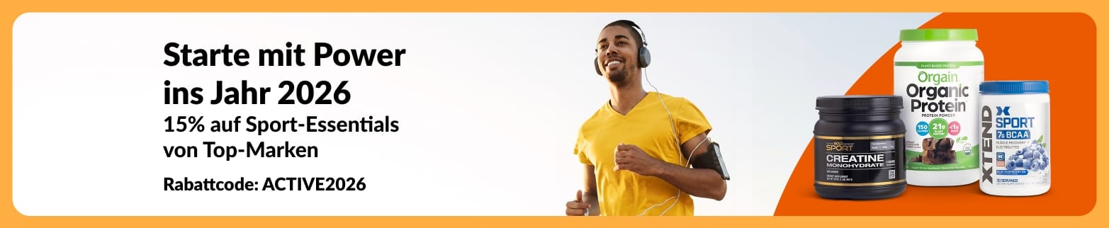 iHerb-Banner mit 15 % Rabatt auf Sport-Essentials mit Code ACTIVE2026, darunter Nahrungsergänzungsmittel für Läufer sowie Protein, Kreatin und BCAA