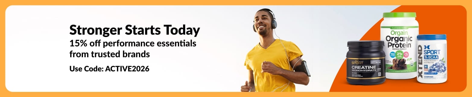 iHerb banner offering 15% off performance essentials with code ACTIVE2026, featuring runner and protein, creatine, and BCAA supplements.