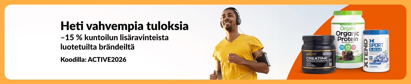 iHerbin mainosbanneri tarjoaa 15 % alennusta urheilutuotteista koodilla ACTIVE2026. Kuvassa juoksija sekä proteiini, kreatiini ja BCAA -lisäravinteita.