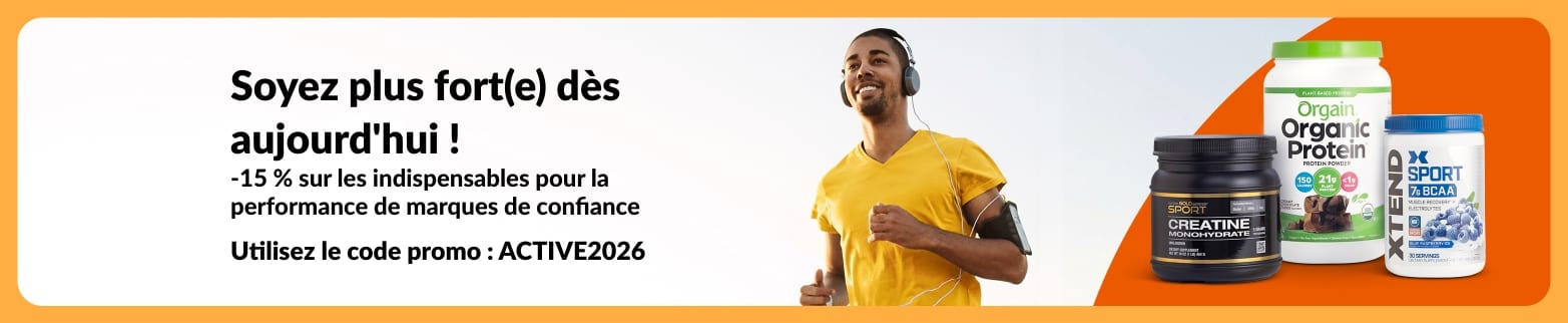 Bannière iHerb offrant 15 % de réduction sur les produits essentiels à la performance avec le code ACTIVE2026, mettant en vedette un coureur et des compléments de protéines, de créatine et de BCAA