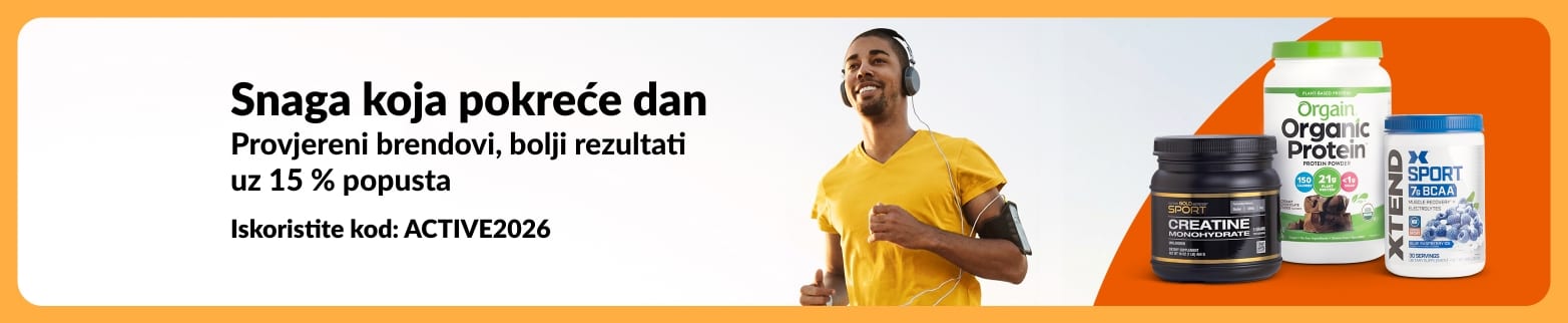 iHerb reklamni natpis koji promovira 15 % popusta na dodatke prehrani za bolje rezultate uz kod ACTIVE2026, s prikazom trkača i dodataka proteina, kreatina i BCAA.