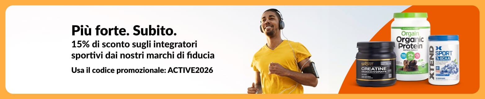Banner di iHerb che offre il 15% di sconto sui prodotti per le prestazioni sportive con il codice ACTIVE2026, inclusi integratori per la corsa, proteine, creatina e BCAA.