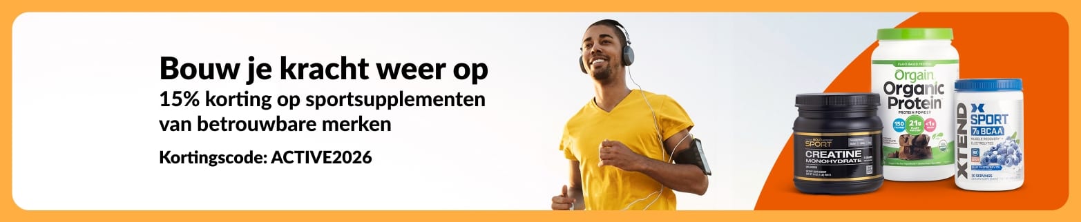 iHerb-banner met 15% korting op fitness supplementen met code ACTIVE2026, met hardloop-, eiwit-, creatine- en BCAA-supplementen.
