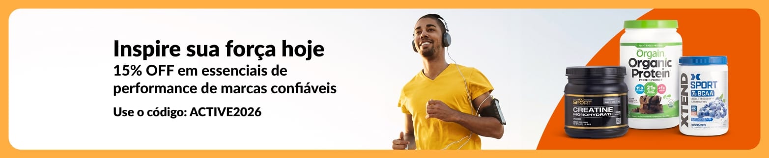 Banner da iHerb oferecendo 15% OFF em essenciais de performance com o código ACTIVE2026, com imagem de uma pessoa correndo e suplementos como proteína, creatina e BCAA.