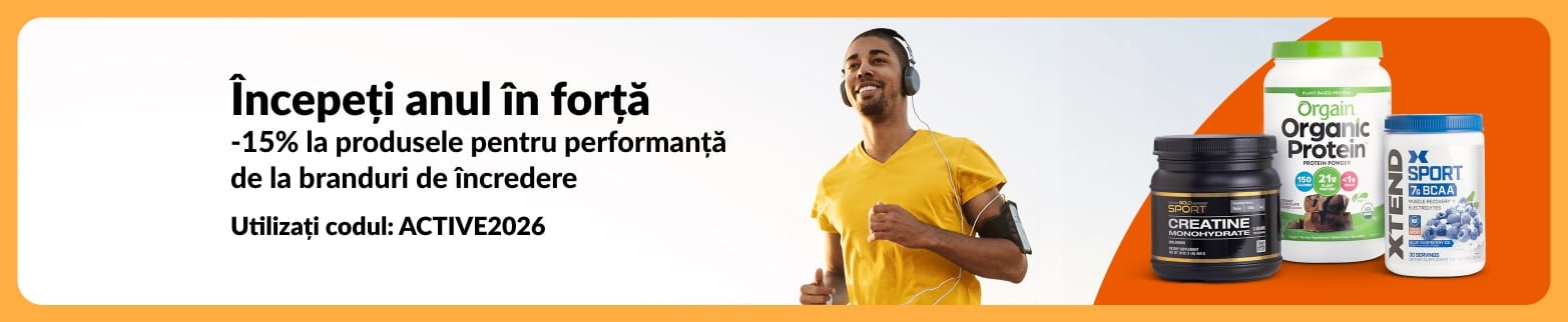 Banner iHerb cu 15% reducere la produse pentru performanță cu codul ACTIVE2026, cu proteine, creatină și BCAA.