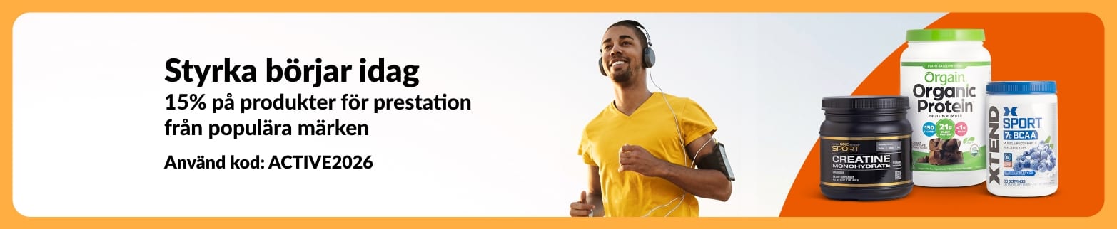 iHerb-banner som erbjuder 15% rabatt på prestationshöjande produkter med koden ACTIVE2026, inklusive kosttillskott för löpare, protein, kreatin och BCAA.