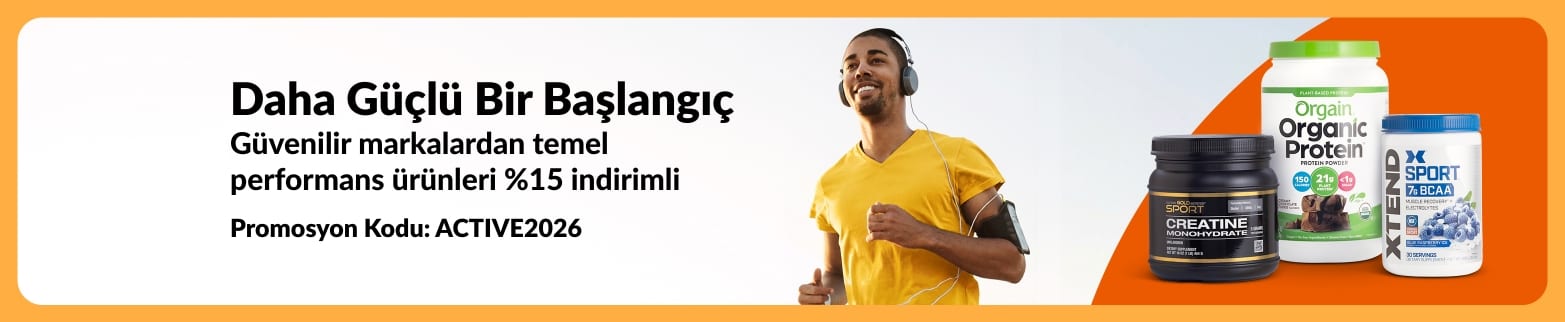 ACTIVE2026 koduyla performans için temel ürünlerde %15 indirim sunan iHerb banner’ı; görselde bir koşucu ile protein, kreatin ve BCAA takviyeleri yer alıyor.