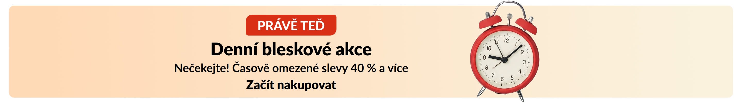 Banner pro bleskové slevy s červeným budíkem. Text: Právě teď Denní bleskové slevy. Časově omezené slevy 40 % a více.