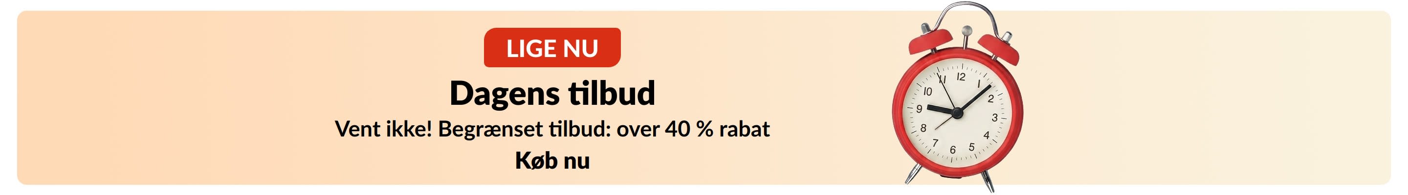 Banner med daglige lyn tilbud og et rødt vækkeur. Tekst: Lige nu: Daglige lyn tilbud. Begrænsede tilbud med rabat på 40 % eller mere.