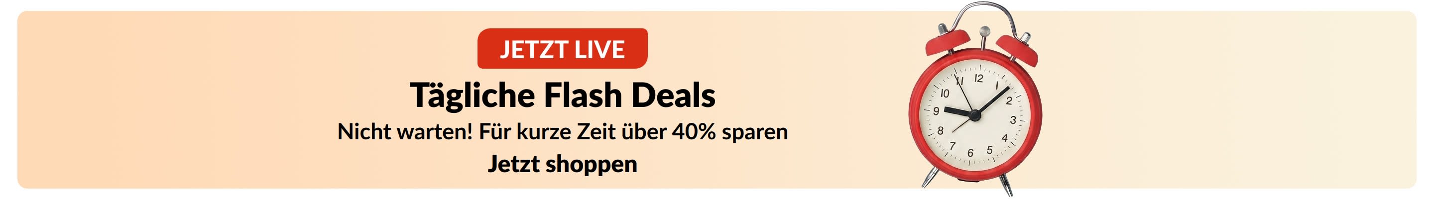 Banner für Blitzangebote mit rotem Wecker. Text: „Tägliche Flash Deals. Nicht warten! Für kurze Zeit über 40% sparen.“