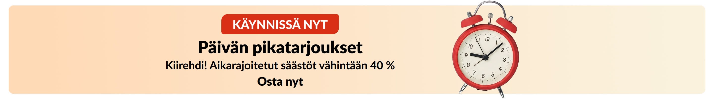 Pikatarjousten banneri, jossa punainen herätyskello ja teksti 