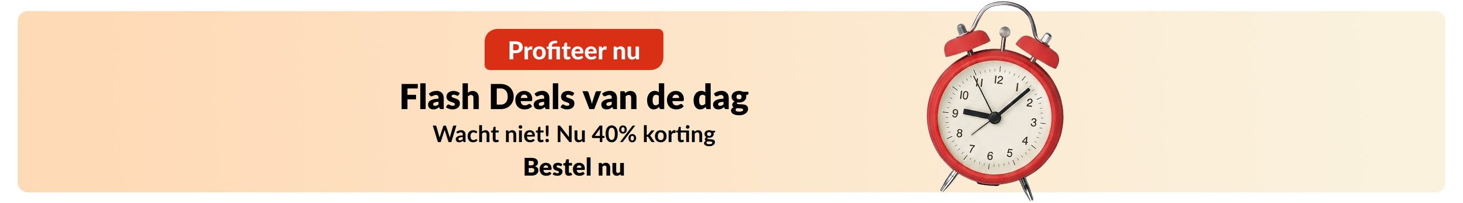 Flash deals banner met rode wekker. Tekst: Nu dagelijkse Flash-deals. Tijdelijke besparing van 40%+ korting.