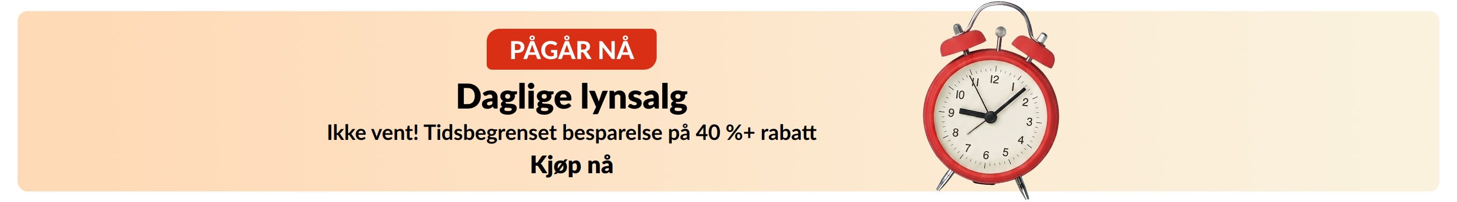 Lynsalg-banner med rød vekkerklokke. Tekst: Skjer nå – daglige lynsalg. Tidsbegrenset besparelse på 40 %+ rabatt.