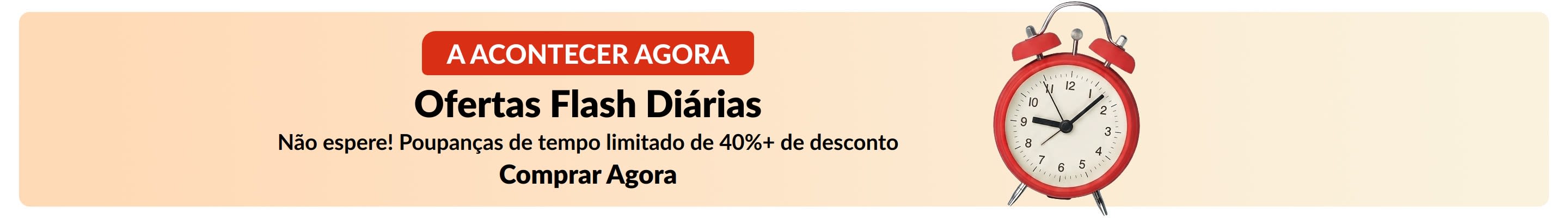 Banner de ofertas flash com um despertador vermelho. Texto: A Acontecer Agora Ofertas Flash Diárias Poupanças de tempo limitado de 40%+ de desconto