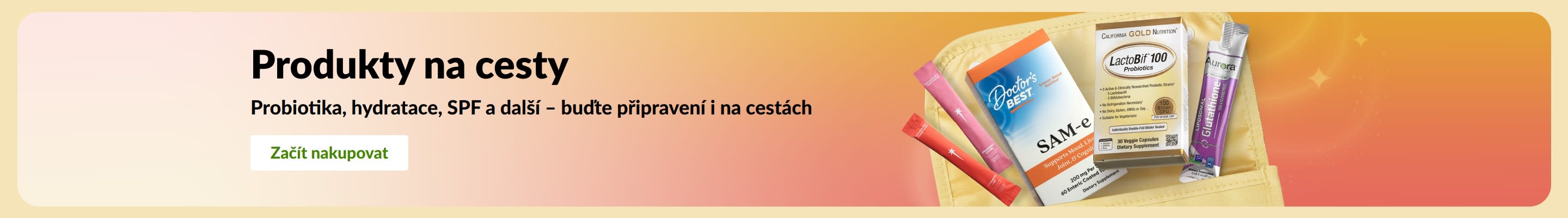 Banner propagující produkty na cesty s probiotiky, doplňky stravy a sáčky s produkty pro zdraví a pohodu.