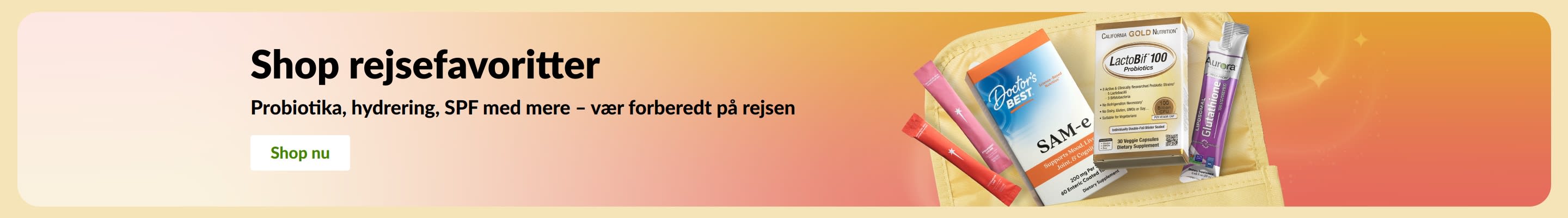 Banner med rejseartikler herunder probiotika, kosttilskud og helsebreve, der promoverer sundhedsprodukter til brug på farten.