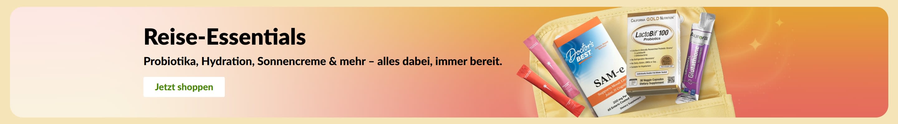 Banner mit Reisebedarf, wie Probiotika, Nahrungsergänzungsmittel und Getränke-Sticks in einer Kulturtasche für Wohlbefinden unterwegs.