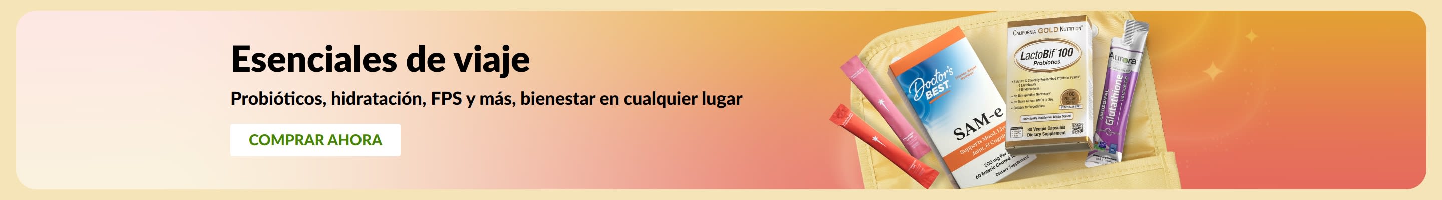 Banner de esenciales de viaje con probióticos, suplementos y sobres de bienestar, que promociona productos para la salud.
