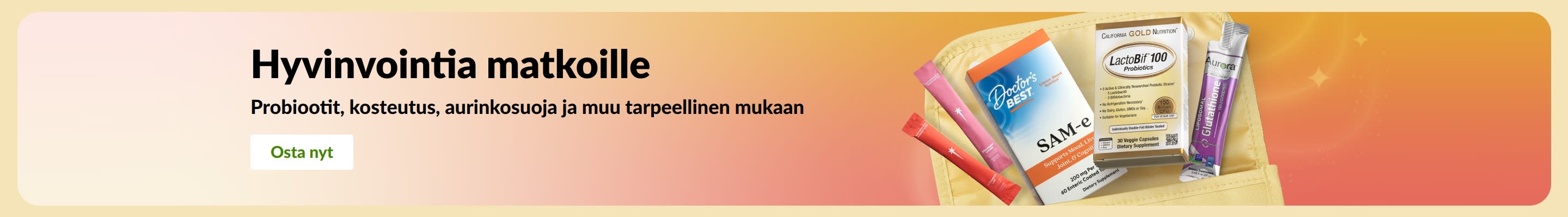 Matkatuotteiden mainosbanneri, kuvassa probiootteja, ravintolisiä ja terveystuotteiden annospusseja laukun päällä.