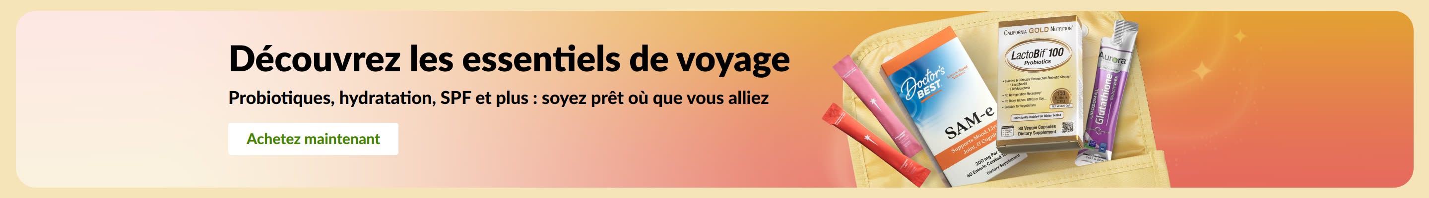 Bannière sur les essentiels de voyage avec des probiotiques, des compléments et des sticks bien-être.