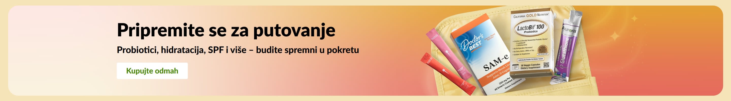 Reklamni natpis s proizvodima za putovanje koji prikazuje probiotike, dodatke prehrani i wellness paketiće u kozmetičkoj torbici.